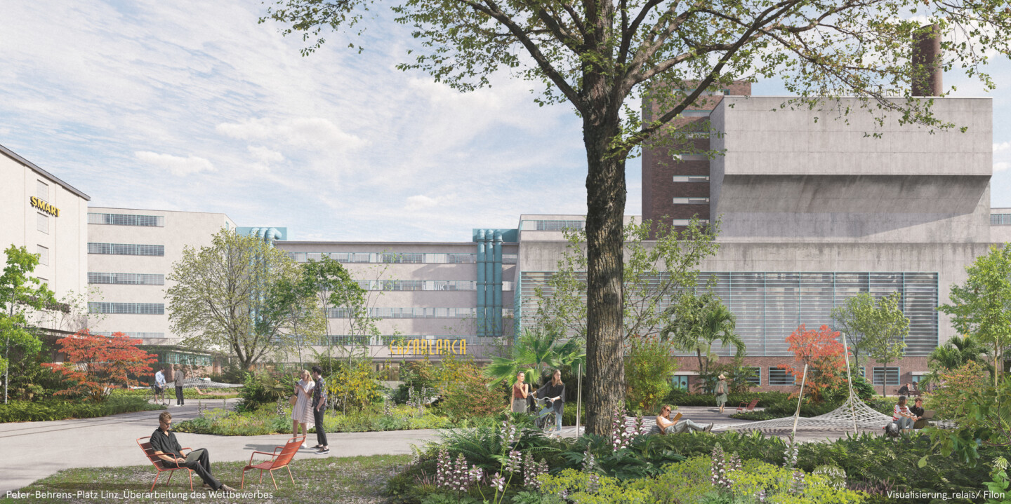 Eine Visualisierung des Berliner Büros relais zeigt die „Tabakwildnis“ am Peter-Behrens-Platz mit exotischen Pflanzen, schwebenden Hängematten und zahlreichen Sitzgelegenheiten.