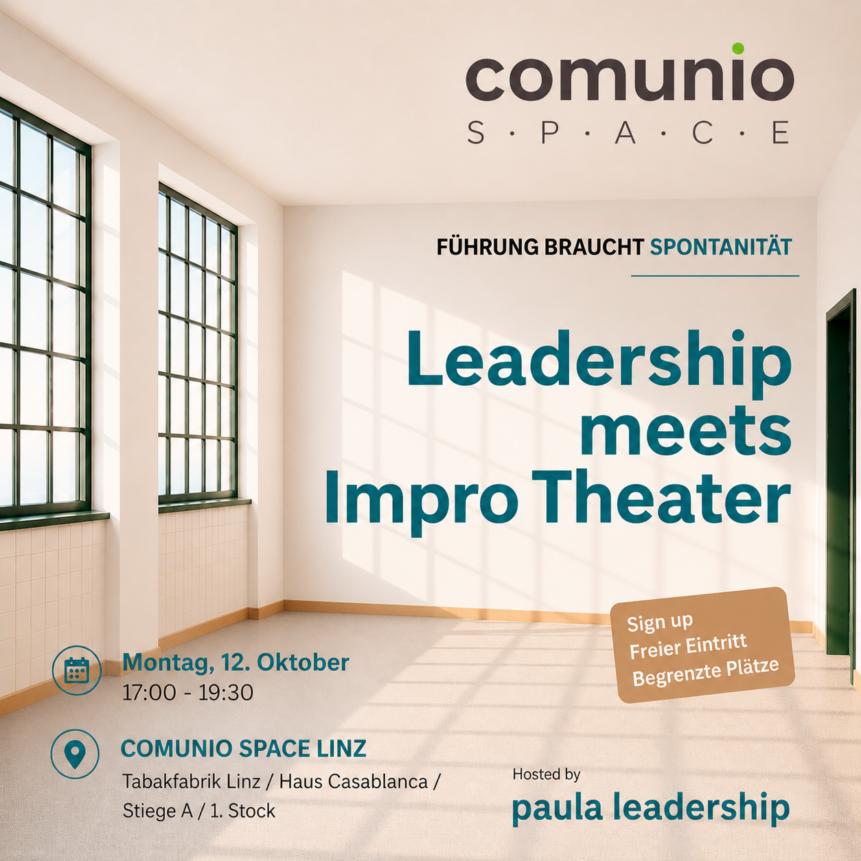 Sujet zum COMUNIO AFTERWORKSHOP hosted by paula leadership: Leadership meets Impro Theater